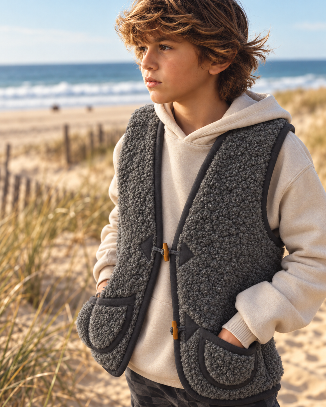 Louve enfant, le gilet sans manche en laine mérinos gris