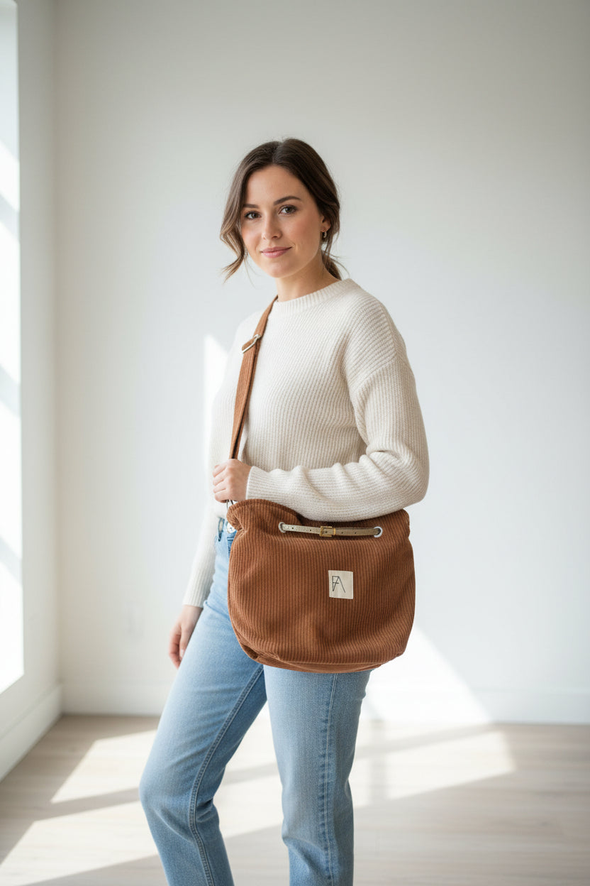 Sac seau Giulia en velours camel