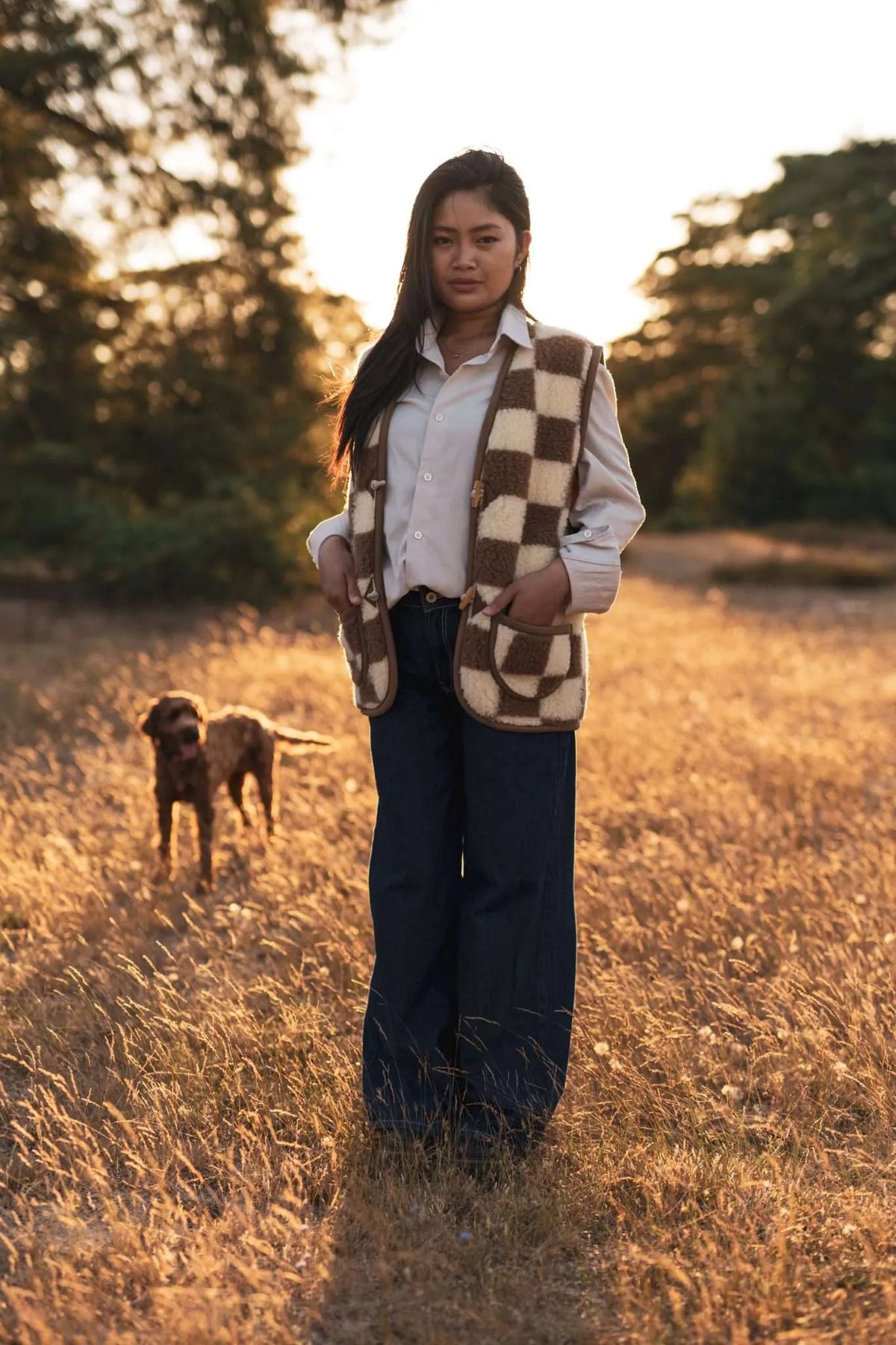 Louve adulte, le gilet sans manche en laine mérinos damier