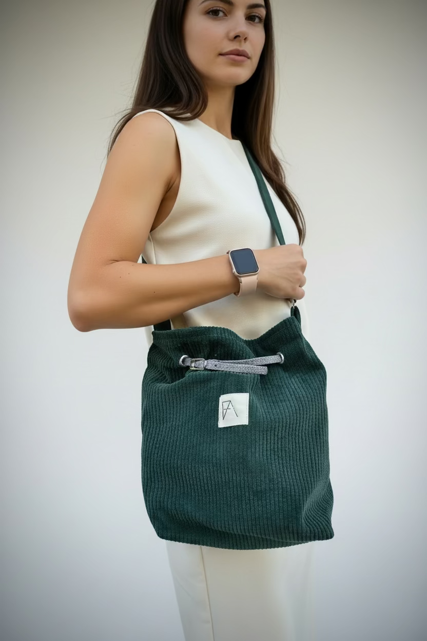 Sac seau Giulia en velours vert sapin