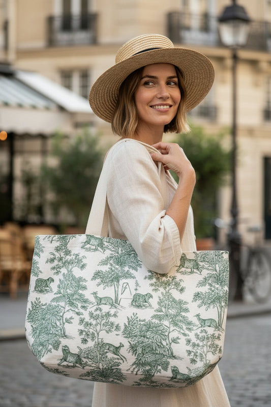 SAC CABAS TOILE DE JOUY SAVANE BLEU OU VERT