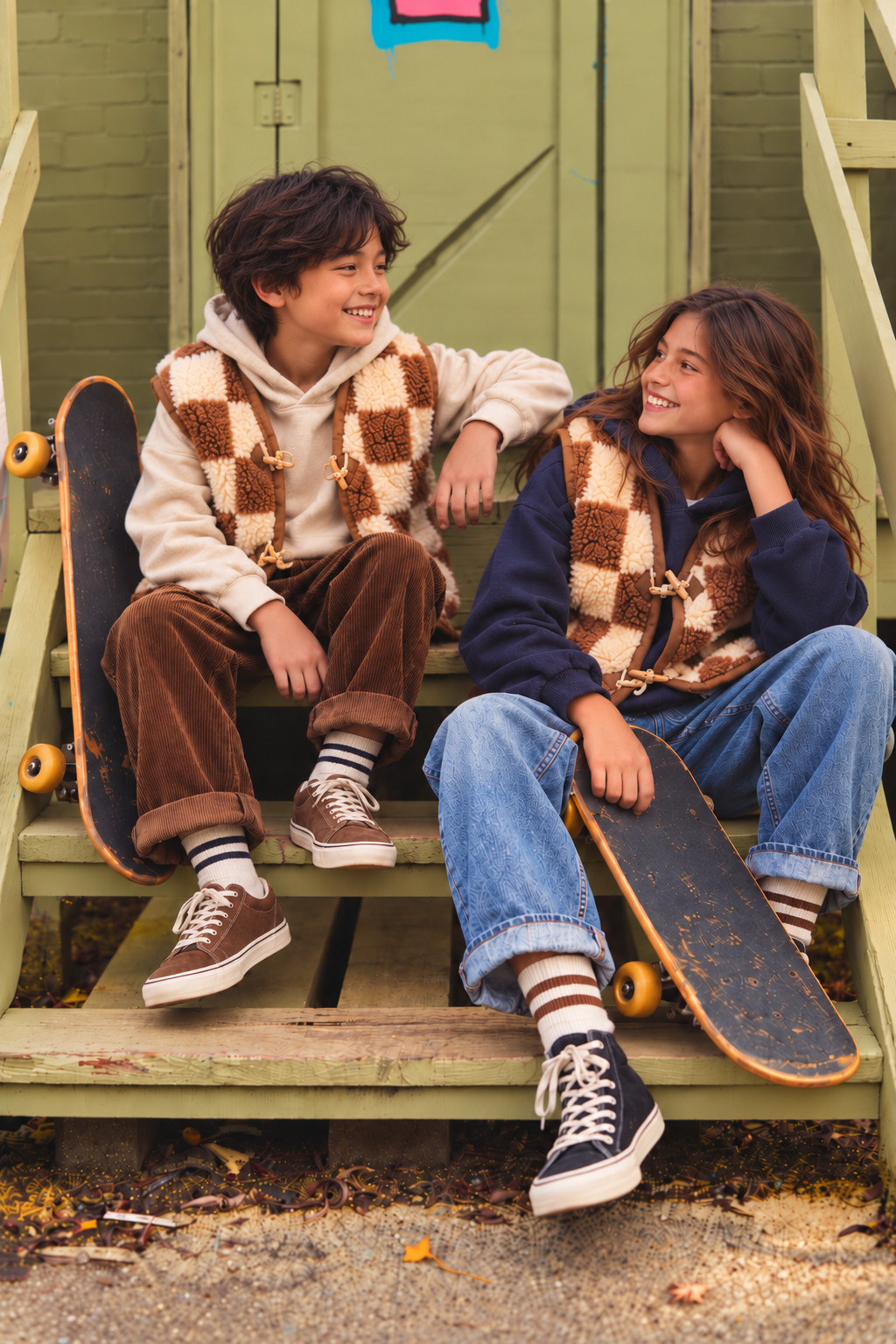 Louve enfant, le gilet sans manche en laine mérinos damier